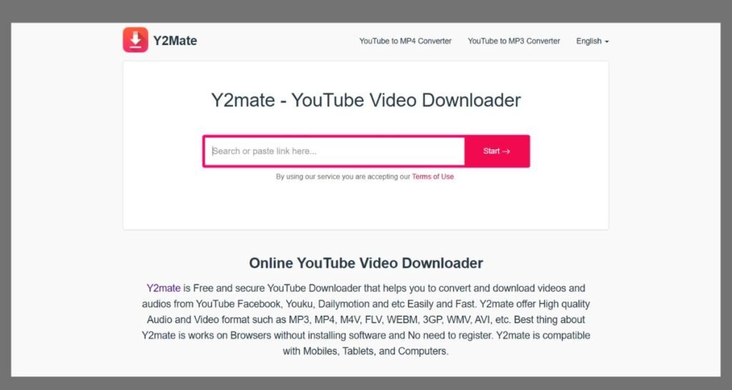 Y2mate homepage